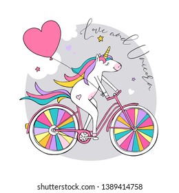 Cartoon character white Unicorn with a heart balloon on a bike with a rainbow wheels. Love and Unicorn - lettering quote. Humor card, t-shirt composition, hand drawn style print. Vector illustration.