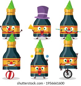 Cartoon character of wine bottle with various circus shows