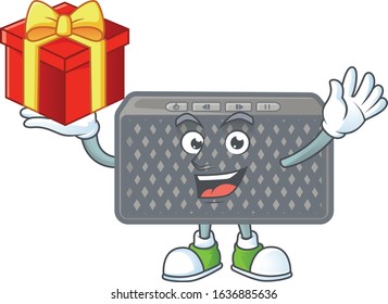 cartoon character of wireless speaker with a box of gift