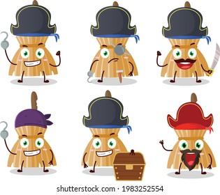 Cartoon character of witch broom with various pirates emoticons