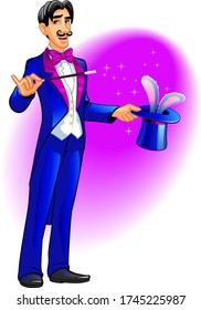 Cartoon character wizard holds a hat with a rabbit. Vector illustration.