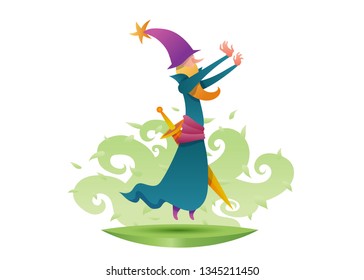 Cartoon character wizard magician alchemist in costume. The sorcerer conjures, levitate, magic sword. Green floral background.