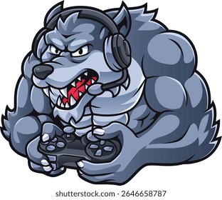 cartoon character wolf is playing game with controller and headset
