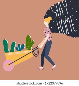 cartoon character Woman carries a garden wheelbarrow cart with flowers. Gardening at home during the detention from the virus.