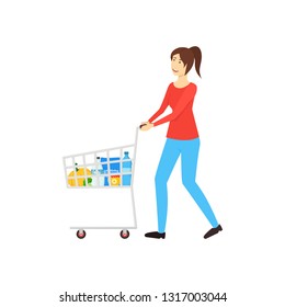 Cartoon Character Woman with a Cart Buys Products. Vector