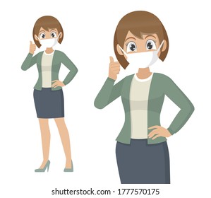 Cartoon character, woman covering face with medical mask and showing thumbs up symbol. Person wearing hygienic facial protection and gesturing success sign.,vector eps10