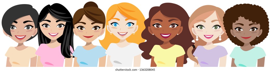Cartoon character woman, different female faces isolated in cartoon style Cute lady character creation set. Young lady and pretty girl smiling in pastel color casual wear vector illustration.