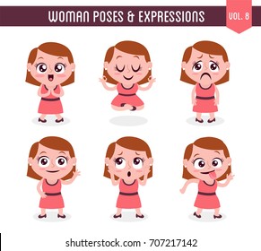 Cartoon character of a woman in different poses. Isolated on white background. Body gestures and facial expressions. Set 8 of 8.