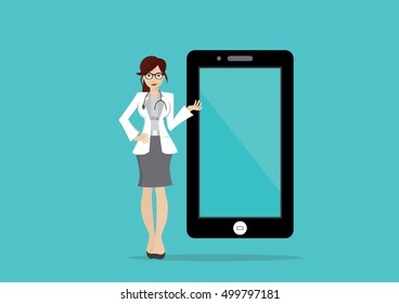 Cartoon character, Woman doctor holding Big smartphone., vector eps10