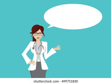 Cartoon character, Woman doctor with speech bubble., vector eps10