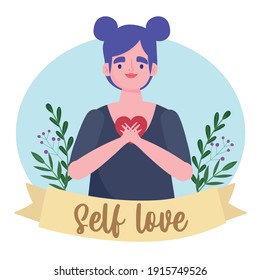 cartoon character woman with heart self love vector illustration
