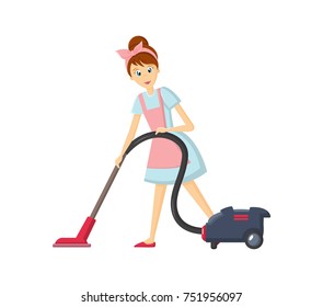 Cartoon character woman. Homemaker, housewife engaged of housework. Affairs woman housewife removes dust with a vacuum cleaner, in a beautiful home apron in the room. Illustration in cartoon style.