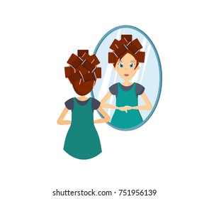 Cartoon character woman. Homemaker, housewife engaged of housework. Affairs girl housewife is standing in front of mirror, doing a hairstyle and do make-up on her face. Illustration in cartoon style.