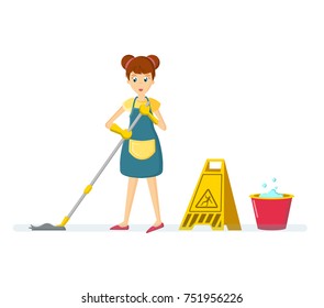 Cartoon character woman. Homemaker, housewife engaged of housework. Affairs woman housewife washes the floor, mop at home in the room. Vector illustration isolated in cartoon style.