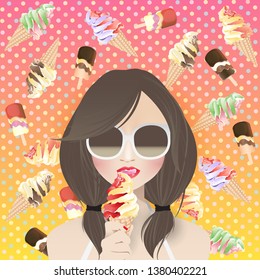 Cartoon character of woman, ice cream lover with ice cream cones and ice cream sticks on colorful polka dot background. Vector illustration.