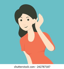 Cartoon character of woman listening to gossip or hearing news. Flat design. 