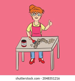 cartoon character of a woman painting wood on a table