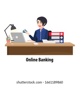 Cartoon character with woman paying a bill online on a laptop. Bank clerk at the table issuing a credit card and bills and papers heap. Flat icon vector illustration