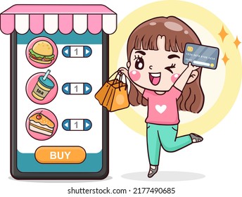 cartoon character woman shopping online, order food delivery, mobile shopping application, holding credit card and shopping bag , flat illustration