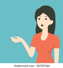 Cartoon character of woman showing and presenting something in blank space. Flat design. 