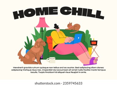 Cartoon character woman sitting at home working on the sofa. Home interior, comfort, vector poster