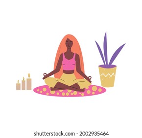 Cartoon character of woman sitting in meditation lotus pose, sketch vector illustration isolated on white background. Young girl performing sport activity.