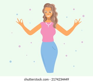 Caricatura de una mujer sonriendo y haciendo un buen gesto. Diseño de vector plano. Feliz triunfante niña levanta las manos celebrando el éxito. Concepto de emociones humanas, ánimo positivo, lenguaje corporal