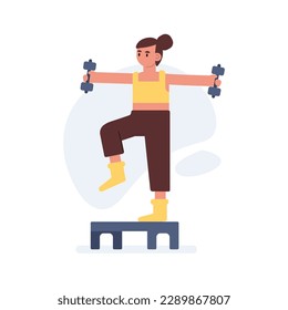 Cartoon character of woman in sportswear lifting dumbbells. Active and healthy lifestyle. Regular physical activity. Time for morning training in gym. Vector