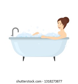 Cartoon Character Woman Take a Bath. Vector