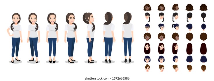 Cartoon character with a woman in T-shirt white casual for animation. Front, side, back, 3-4 view character. Set of female head and flat vector illustration.