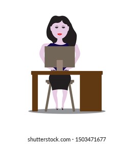 Cartoon Character Woman Works at the Computer. Vector
