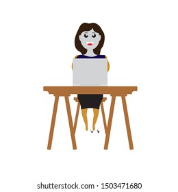 Cartoon Character Woman Works at the Computer. Vector
