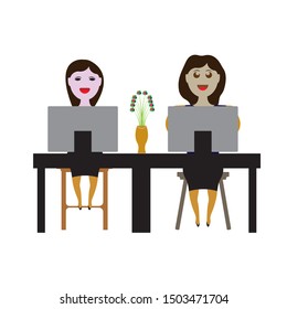 Cartoon Character Woman Works at the Computer. Vector

