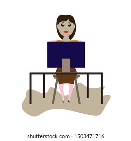 Cartoon Character Woman Works at the Computer. Vector
