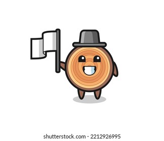 Cartoon character of wood grain holding a flag , cute design