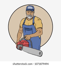 Cartoon character woodcutter, old man holding chain saw. Vector illustration. 