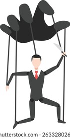 Trabajador de personajes de dibujos animados controlado como una marioneta que sostiene un cuchillo