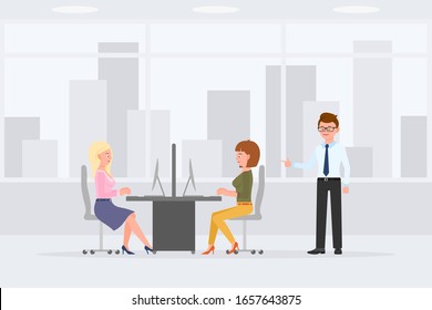 Cartoon character worker women sitting at desk, typing on computer, desktop, keyboard vector illustration. Business man manager standing, pointing finger in workplace office