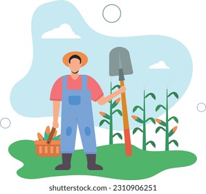 Cartoon character working with farmer tools .harvesting corn.flat vector illustration.