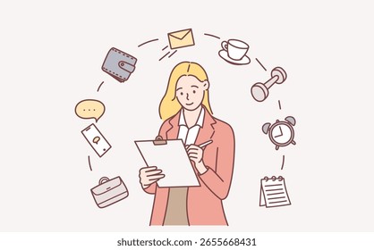 Personaje de dibujos animados que trabaja con la lista de comprobación de tareas que planea cosas en la lista de tareas pendientes