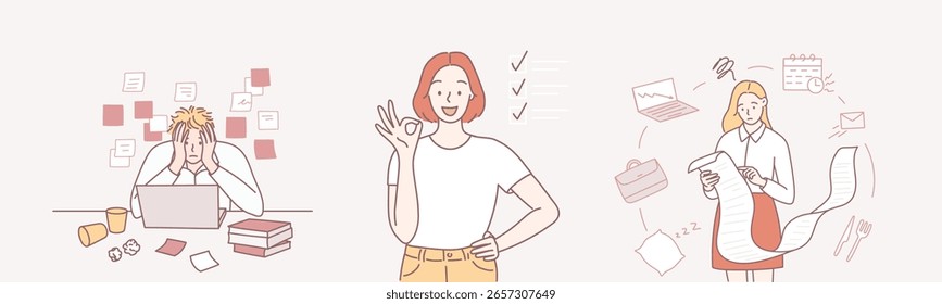 Personaje de dibujos animados que trabaja con la lista de comprobación de tareas que planea cosas en la lista de tareas pendientes