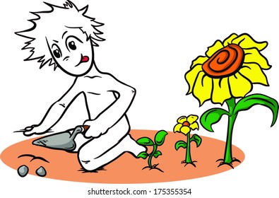 Cartoon character works in a garden with shovel and plants and flowers are coming up out of the ground