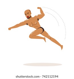 Cartoon character of wrestler in flying jump kick action