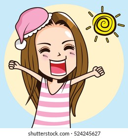 Cartoon Character yawning woman in pink pajamas. Vector illustration.