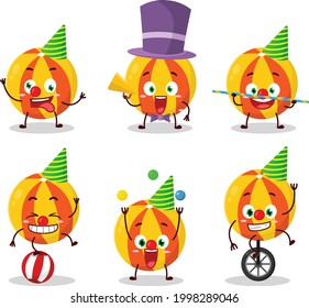 Cartoon character of yellow beach ball with various circus shows. Vector illustration