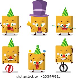 Cartoon character of yellow dice with various circus shows. Vector illustration