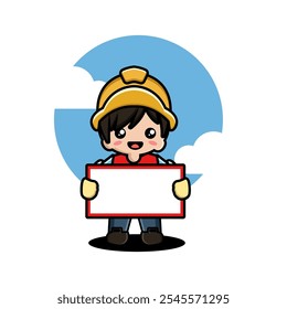 A cartoon character in a yellow helmet holds a blank sign with a blue sky and clouds background
