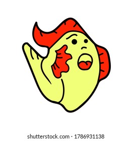 Cartoon character yellow monster with red fins runs and screams. The toy image is hand-drawn and isolated on a white background.