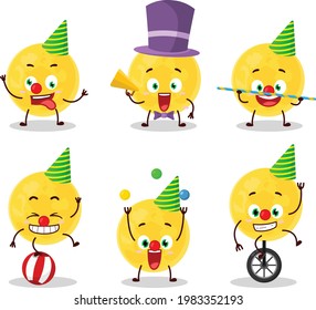 Cartoon character of yellow moon with various circus shows