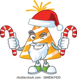 Cartoon character of yellow party hat as a Santa having candies. Vector illustration